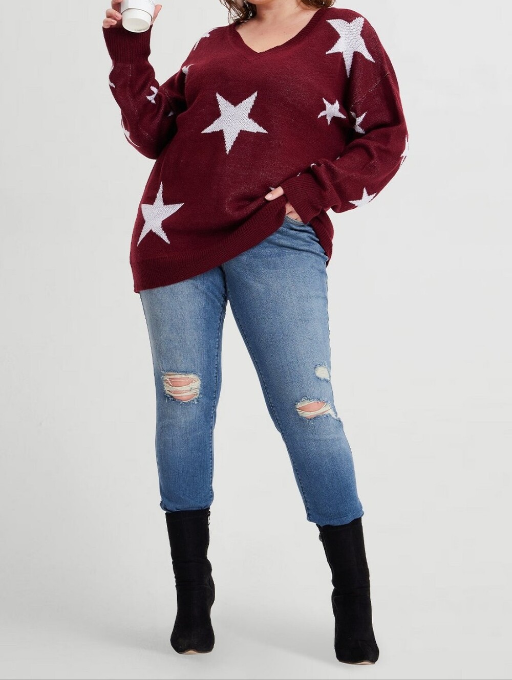 Plus Size Burgundy/White Star Sweater NWT